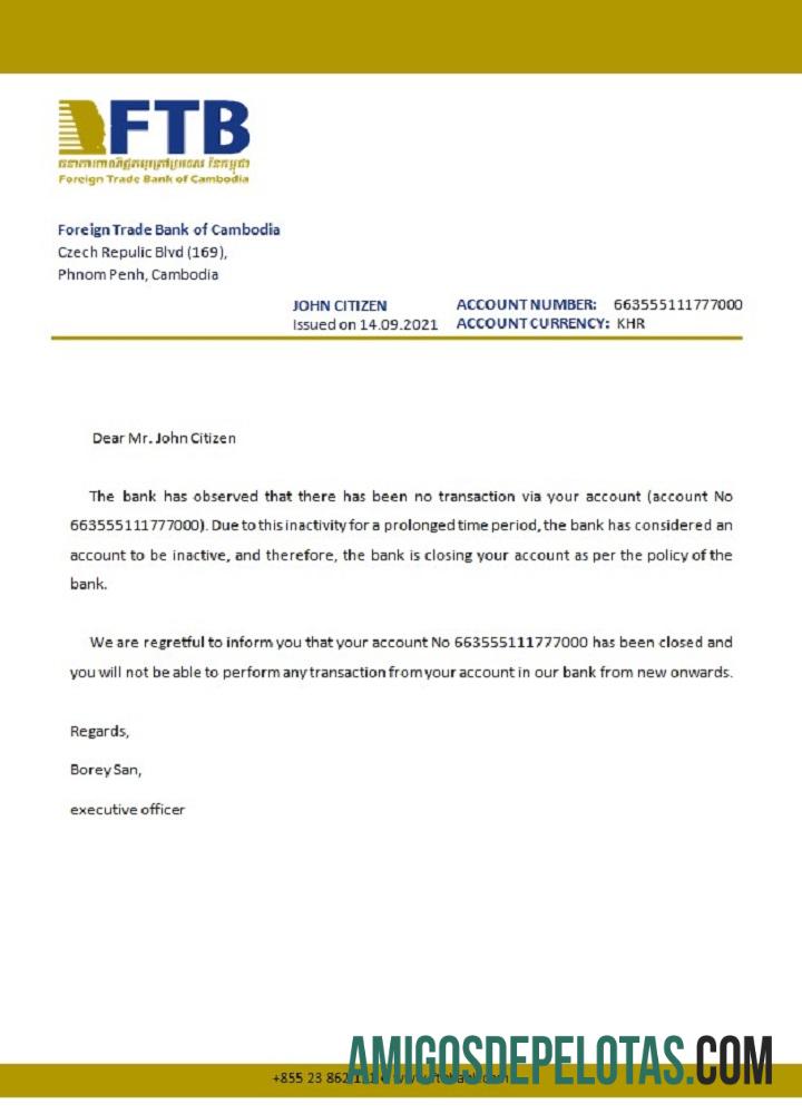 Referência de fechamento do Camboja Foreigntradebank modelo